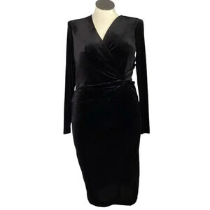 Calvin Klein Wrap Dress Women 12 Black Velvet Twist Long Sleeve Cocktail LBD NEW